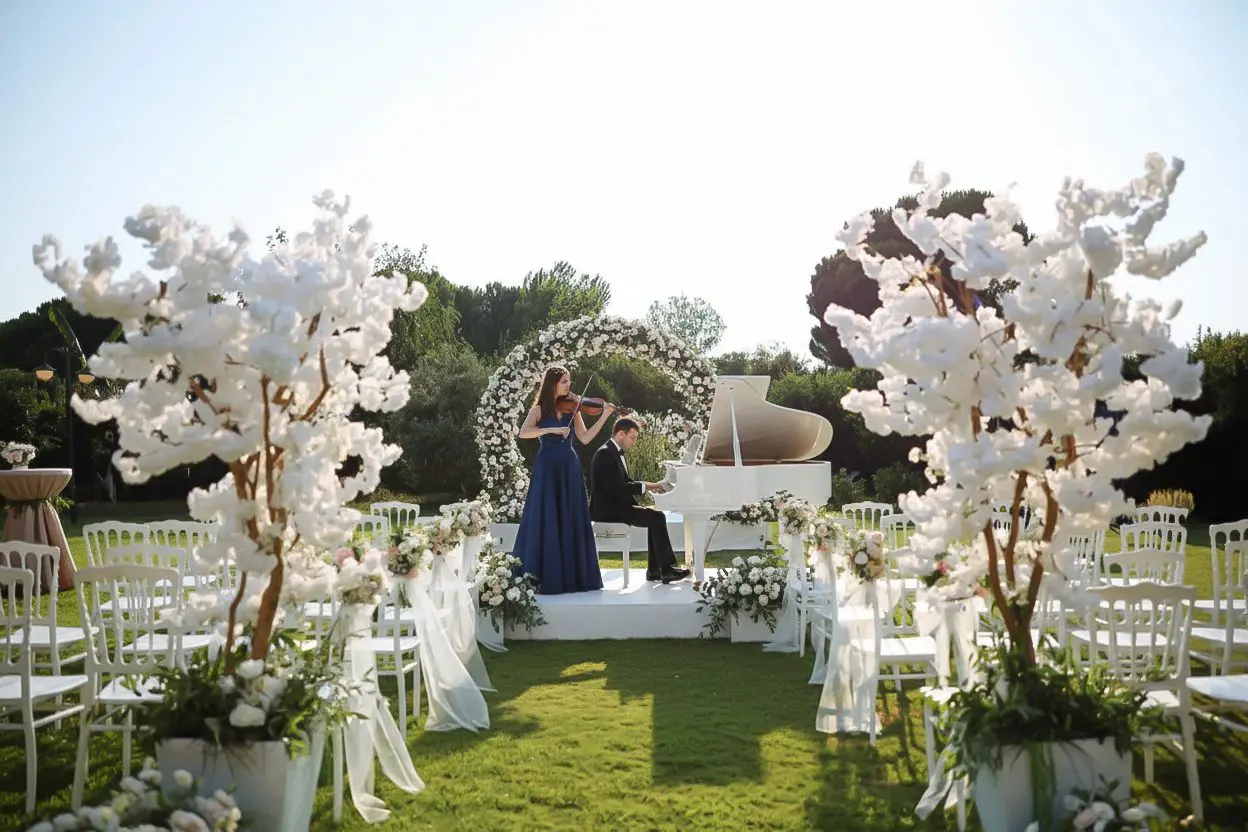 Bride and groom share a kiss at an outdoor wedding altar adorned with white flowers.