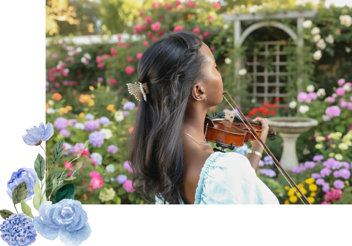 Woman playing violin in a colorful garden.